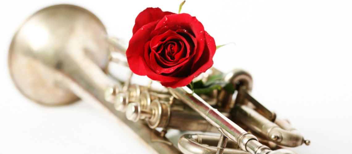 red rose with a silver trumpet isolated on white background